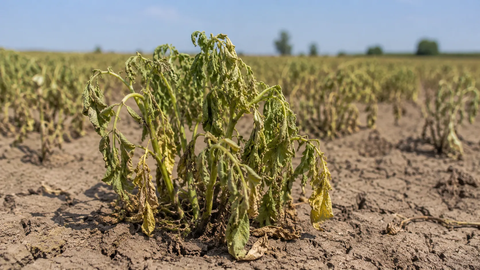A visibly wilted potato plant showing late-stage stress symptoms
